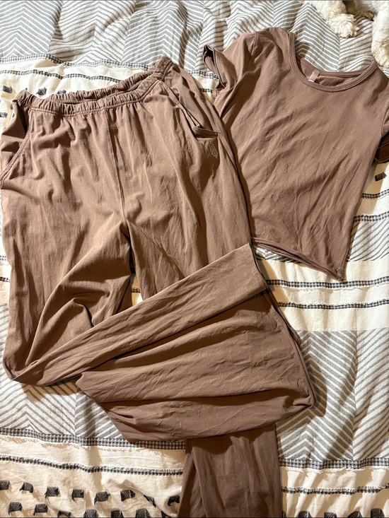 Free People Pants - Free People Hot Shot Soft Brown Lounge Set - Tee & Drawstring Pants L